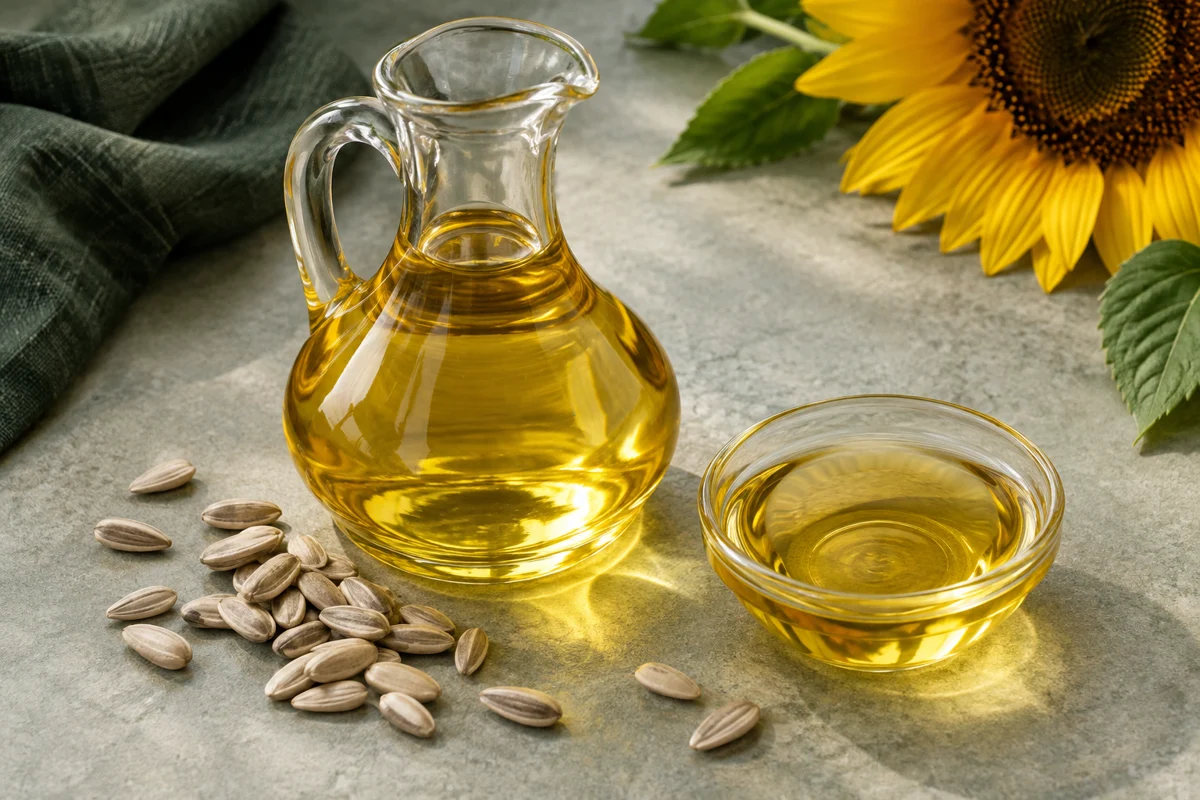 Aceite vegetal dorado y semillas