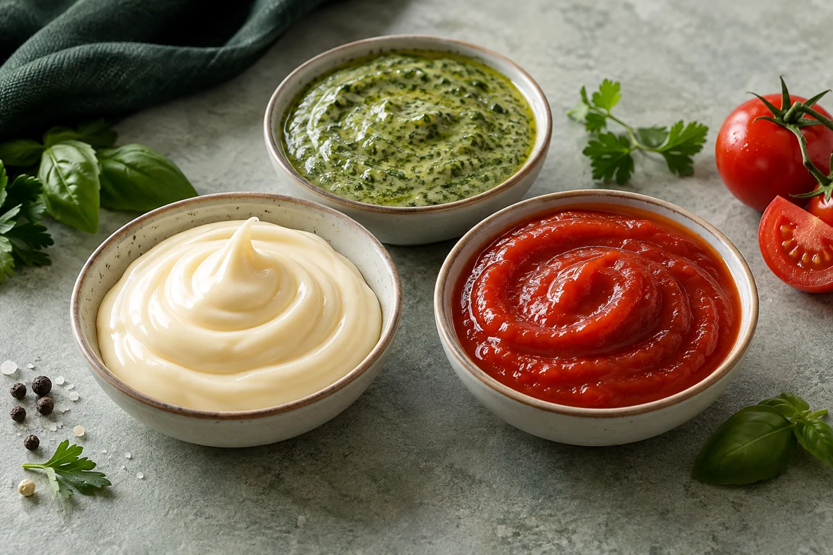 Salsas de tomate, hierbas y aderezo cremoso